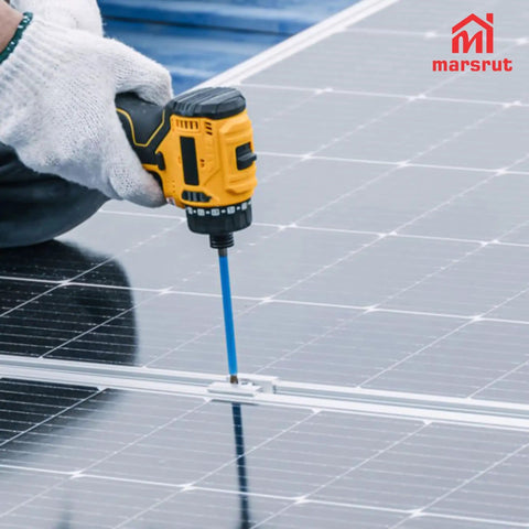 Securing panel with 20 Piece Aluminum Solar Panel Clamps For Unistrut Mounting System Go To Clip Set, drill in hand