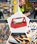Red Portable Metal Tool Box Tote Tray For Mechanics And DIY Pros On The Go Durable Versatile Storage Organizer That Fits Wrenches Sockets Pliers And Electrician Gear, red steel tray with tools and handle