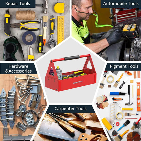 Red Portable Metal Tool Box Tote Tray For Mechanics And DIY Pros On The Go Durable Versatile Storage Organizer That Fits Wrenches Sockets Pliers And Electrician Gear, red steel tray with tools and handle