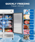 Rock Solid Stainless Steel Two Door Commercial Freezer 54 Inch Wide 49 Cubic Foot Reach In Unit with food items displayed inside
