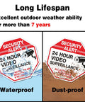 Tough As Nails Security Signs Octagon 12 By 12 Inch Aluminum Sign 40 Mil Thick Reflective For Home And Business CCTV Video Surveillance UV Protected And Waterproof 4 Pack showing waterproof and dust-proof features with text highlighting a 7-year lifespan.
