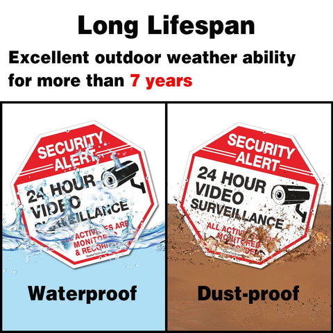 Tough As Nails Security Signs Octagon 12 By 12 Inch Aluminum Sign 40 Mil Thick Reflective For Home And Business CCTV Video Surveillance UV Protected And Waterproof 4 Pack showing waterproof and dust-proof features with text highlighting a 7-year lifespan.