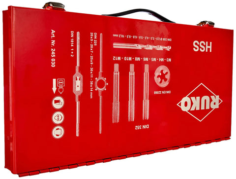 Red metal box containing 44 Piece HSS Drill And Tap Tool Set With Die And Hand Tap Kit For Metalworking M3 To M12 Taps