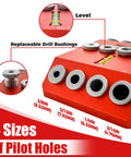 Heavy Duty Angle Drill Guide Jig With Integrated Bubble Level And Four Titanium Bits For Dead Accurate 30 45 And 90 Degree Precision. Features four sizes for pilot holes.