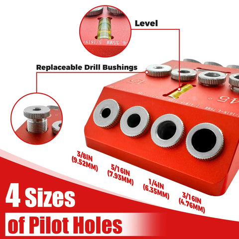 Heavy Duty Angle Drill Guide Jig With Integrated Bubble Level And Four Titanium Bits For Dead Accurate 30 45 And 90 Degree Precision. Features four sizes for pilot holes.