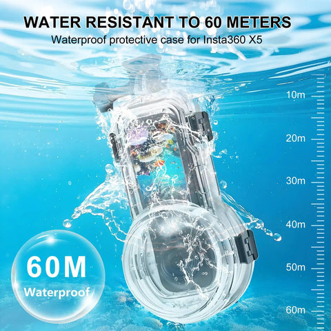60M Underwater Case For X5 Action Camera, Waterproof Housing With Ultra Clear PMMA Lens submerged, depth markings visible