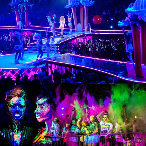 Party scene with neon lights and painted faces under Dope 66ft Black Light LED Strip Kit With 1200 LEDs 385nm-400nm UV Range