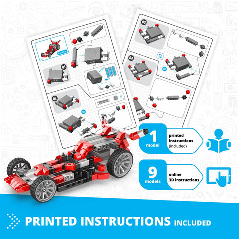 Motorized Race Car Building Set For Kids 9 Plus Ten In One STEM Construction Toys With Off Road Modes And Supercars Realistic Engine Roar Over 180 Snap Pieces Educational Hands On Science Gift For Boys And Girls with printed instructions and model car