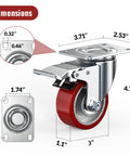Heavy Duty 3 Inch Caster Wheels Set Of 4 With Thick Steel Brackets And Total Lock Brakes dimensions showing sizes and steel construction.