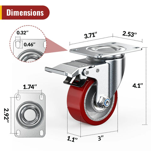 Heavy Duty 3 Inch Caster Wheels Set Of 4 With Thick Steel Brackets And Total Lock Brakes dimensions showing sizes and steel construction.