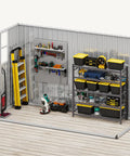 9x4 Outdoor Storage Shed With Windows And Lockable Double Doors Tough As Nails Steel Construction Sloped Roof Garden And Patio Organizer Large Backyard Tool Shed In Dark Gray showing interior shelving and tools