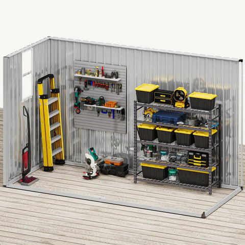 9x4 Outdoor Storage Shed With Windows And Lockable Double Doors Tough As Nails Steel Construction Sloped Roof Garden And Patio Organizer Large Backyard Tool Shed In Dark Gray showing interior shelving and tools