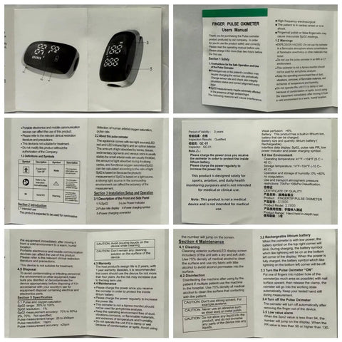 User manual showing details for On The Go Handy Finger Pulse Oximeter With Respiration Rate Accurate SpO2 PR And PI Monitor
