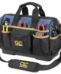 16 Inch Molded Base BigMouth Tote Tool Bag with open frame and tools in pockets, black and blue 1680D polyester, for contractors