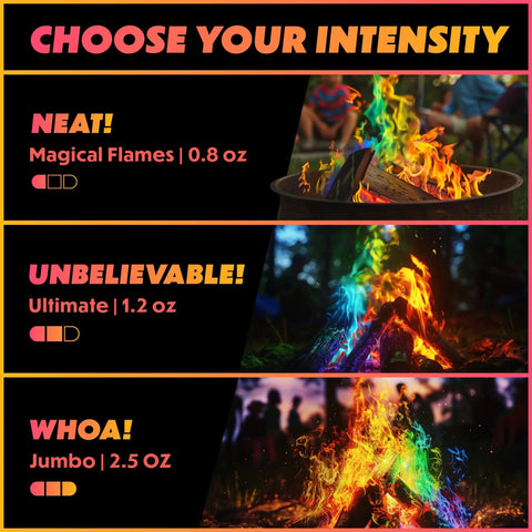 Vibrant Multi Color Fire Packets 25 Pack for Fire Pits Campfires Bonfires and Fireplaces Instant Color Flames shown in various sizes.