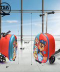 Two Paw Patrol ride-on suitcases for kids; scooter-style luggage with light-up wheels and red/blue panels