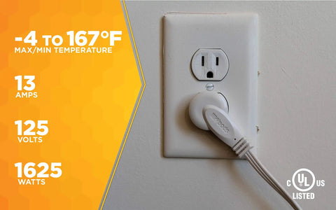 Slimline Flat Plug Extension Cord 6 Foot 16 Gauge 3 Conductor 3 Outlet Indoor White Wall Saver plugged in UL listed