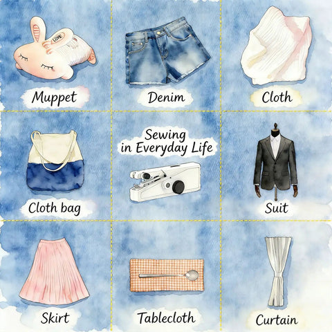 Illustration showing sewing applications: muppet, denim shorts, cloth, cloth bag, suit, skirt, tablecloth, curtain, sewing machine.