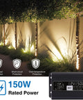 Low Voltage Landscape Lights Kit With Transformer And Timer, 150W power, LED garden pathway lights illuminating trees and shrubs.
