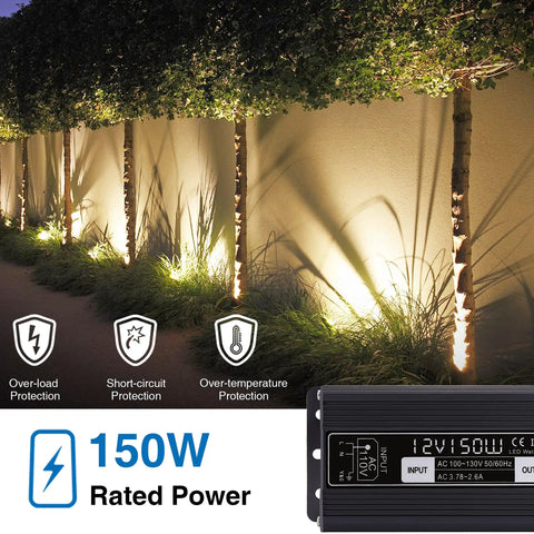 Low Voltage Landscape Lights Kit With Transformer And Timer, 150W power, LED garden pathway lights illuminating trees and shrubs.