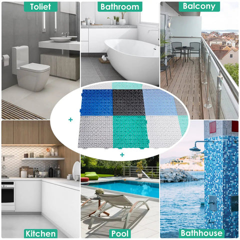 Collage of Interlocking Cushion Anti Fatigue Floor Mats For Pool Deck Drain Patio Balcony Yard 12 Pack Heavy Duty 11.8 Inch Square Tiles