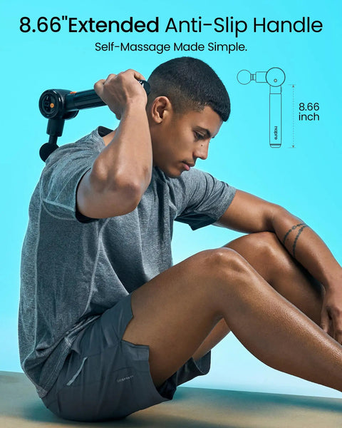Man using Deep Tissue Massage Gun With Heat And Cold Therapy, Extension Handle, Three Adjustable Angles, Six Heads on back