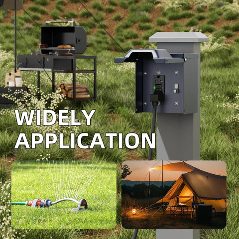 Solid As A Rock Weatherproof Outdoor Outlet Box Featuring Integrated GFCI Receptacle And Wall Switch in outdoor setting with accessories.