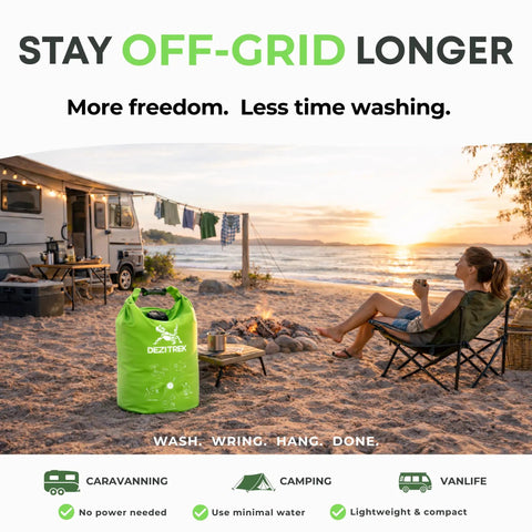 Off Grid Portable Washing Machine For Camping And RVs beside a camper at sunset, green, high capacity manual clothes washer with plunger.