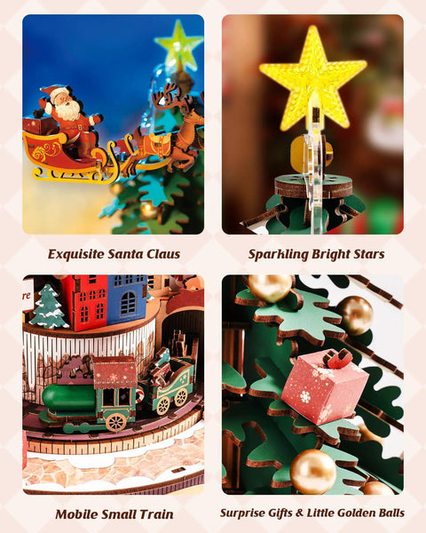 3D Puzzles For Adults Awesome Wooden Music Box Christmas Melody Tree 319 Piece Model Building Kit, Santa and train details