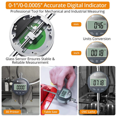 Digital Dial Indicator Set With Magnetic Base 1 Inch Travel 0.0005 To 0.01 Inch Resolution Pro Grade in use on 3D printer, table saw, and CNC lathe.