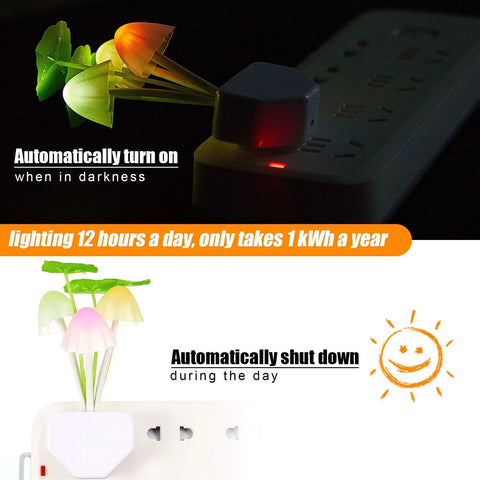 Six Pack Mushroom Night Light LED Plug In Lamp with dope seven color changing glow on power strip, lotus leaf design. Auto on/off.