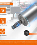 Close-up of Air Cooled CNC Spindle Motor 800W 110V ER11 52mm Collet 20000RPM with highlighted features and specifications.