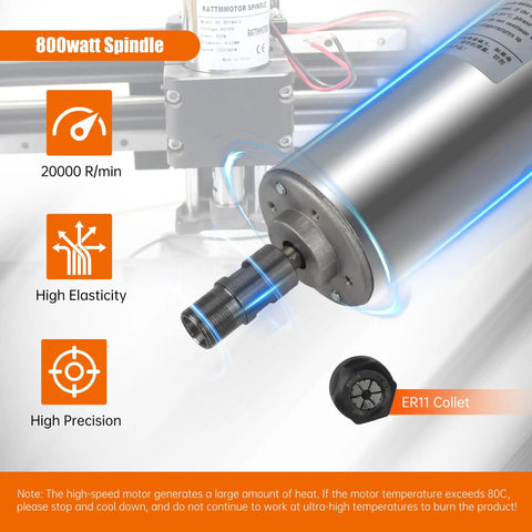 Close-up of Air Cooled CNC Spindle Motor 800W 110V ER11 52mm Collet 20000RPM with highlighted features and specifications.