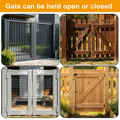 Four gate styles showing versatility; Qlvily 36" Heavy Duty Cane Bolt Gate Drop Rod - Solid Steel Ground Latch for Double Gates - Windproof Anchor for Wood, Vinyl & Metal Fences, 2 Pack.