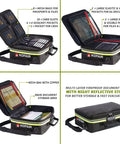 Open and closed views of Go-To Fireproof Document Bag With Lock And Reflective Strip, showing compartments and reflective strip.