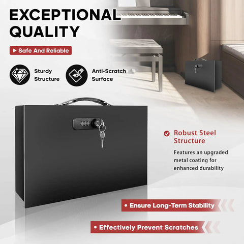 Fireproof Lock Box With Key And Combination Lock For Home Office And Travel Portable Safe Waterproof For Documents Jewelry Passport And Cash Storage Must Have On The Go, shown in a sturdy steel structure with anti-scratch surface and key lock in an office setting.