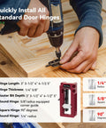 Person using door hinge jig for router mortiser adjustable three to five inches length and one quarter or five eighths inch hinge thickness red DIY friendly tool for precise gap free door and cabinet hinge installations.