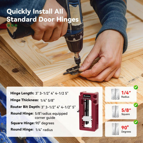 Person using door hinge jig for router mortiser adjustable three to five inches length and one quarter or five eighths inch hinge thickness red DIY friendly tool for precise gap free door and cabinet hinge installations.