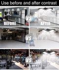 Before and after images of garage and gym using Deformable LED Garage Light 160W 16000 Lumens Five Adjustable Heads Lighting