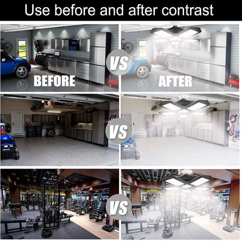 Before and after images of garage and gym using Deformable LED Garage Light 160W 16000 Lumens Five Adjustable Heads Lighting