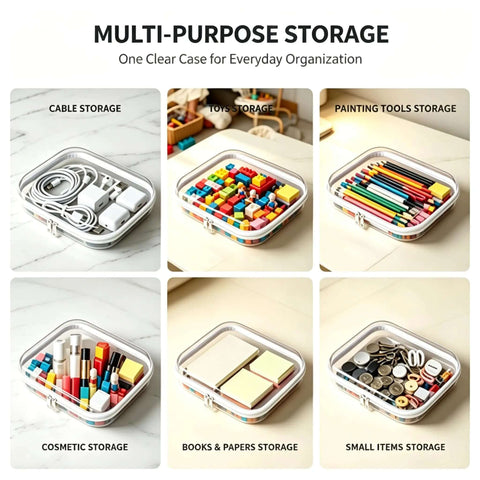 Multi-purpose storage for cable, toys, cosmetics, and papers in Three Pack Super Sized Clear Hard Shell Zipper Travel Cases.