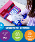 Child playing with Pretend And Play Calculator Cash Register Toy For Kids And Toddlers With Solar Powered Calculator, money skills focus