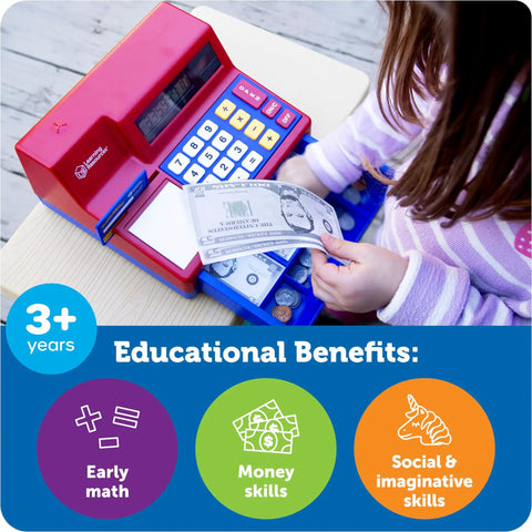 Child playing with Pretend And Play Calculator Cash Register Toy For Kids And Toddlers With Solar Powered Calculator, money skills focus
