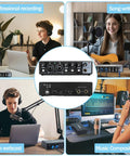 Image of 2x2 USB Audio Interface With Phantom Power, 24-Bit/192kHz Recording Card shown in various studio settings.