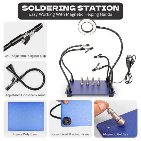 Pro Grade All In One Soldering Station With 5X Magnifying Lamp And LED Light, Includes Solder Wick And Brass Cleaner, Third Hand Kit