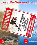 Two Pack Heavy Duty Aluminum Security Warning Signs For Your Property Hella Bright Reflective Red And White Surveillance Notice on wet surface.