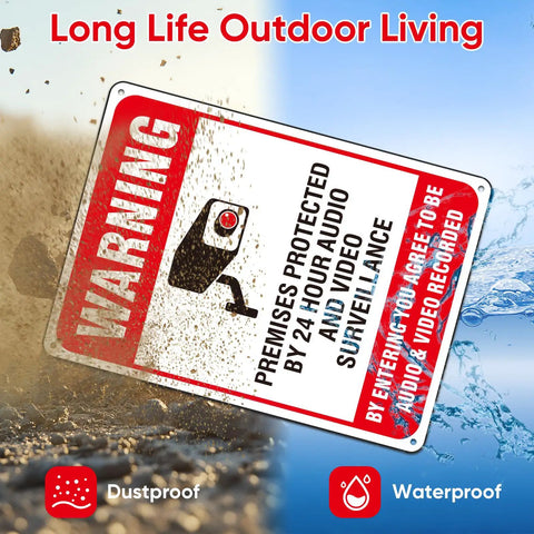 Two Pack Heavy Duty Aluminum Security Warning Signs For Your Property Hella Bright Reflective Red And White Surveillance Notice on wet surface.