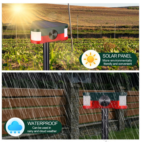 2 Pack 360 Degree Solar Outdoor Motion Sensor Alarm With 3 Loud 129dB Sirens Remote Control 4 Modes Ultrasonic Animal Deterrent For Yard Garden Farm Scare Coyotes Raccoons Deer Dogs, waterproof solar panel