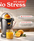 Gourmia Automatic Citrus Juicer One-Touch Operation Compact Electric Extractor with Universal Cone and anti-drip spout.