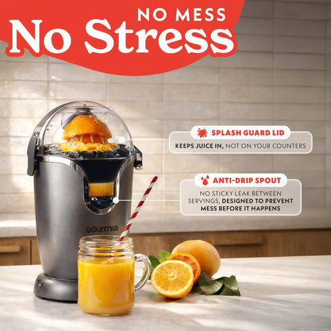 Gourmia Automatic Citrus Juicer One-Touch Operation Compact Electric Extractor with Universal Cone and anti-drip spout.
